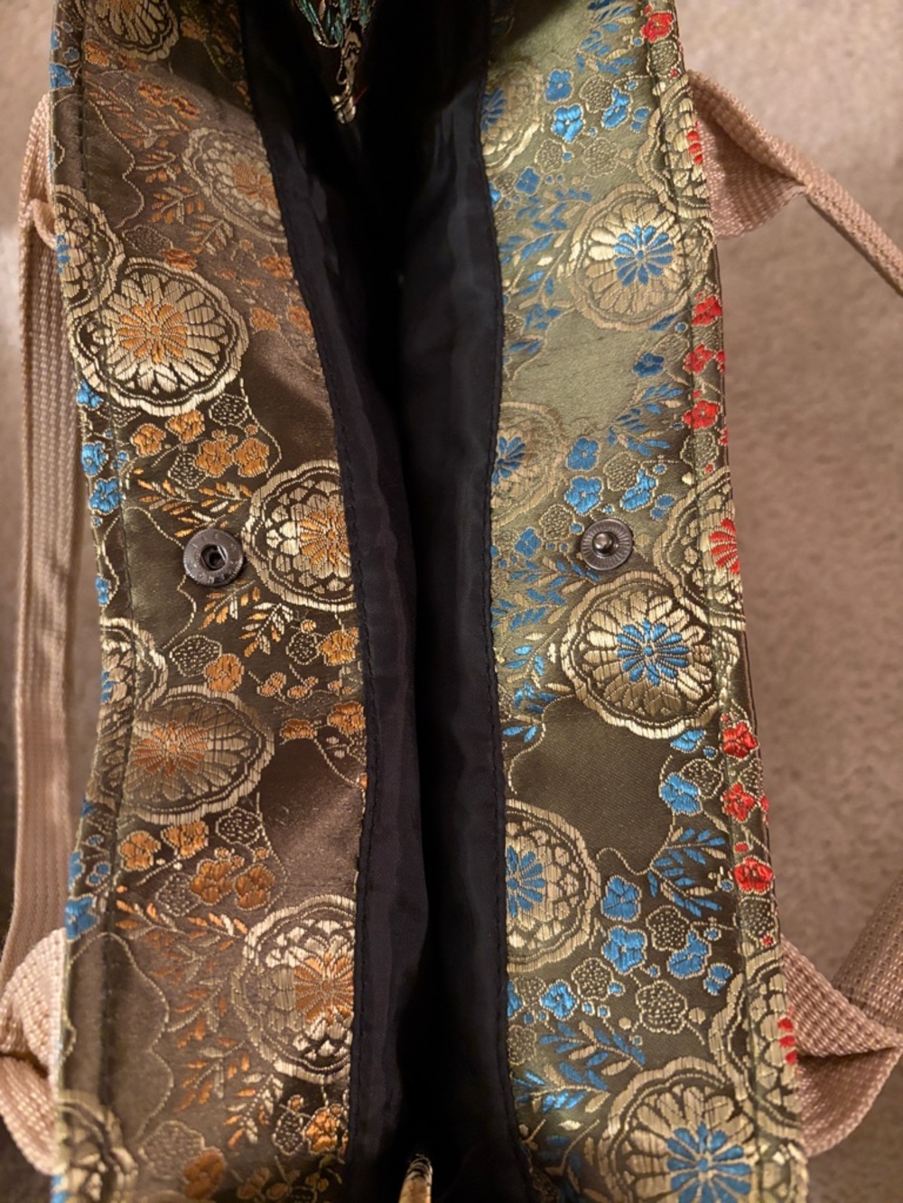 Oriental Olive Green Vibrant Floral Jacquard Satin Tote Bag with Beige Straps - Picture 16 of 16